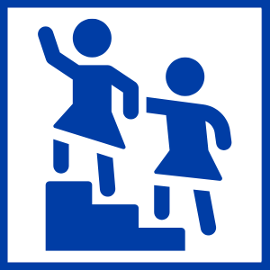 Women in Leadership Group Icon (Blue icon of two women, one helping the other climb stairs, symbolizing mentorship, support, or guidance.)